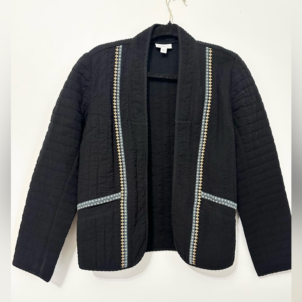 PURE JILL Seersucker Jacket  XS Open Quilted Embroidered Lagenlook Boho